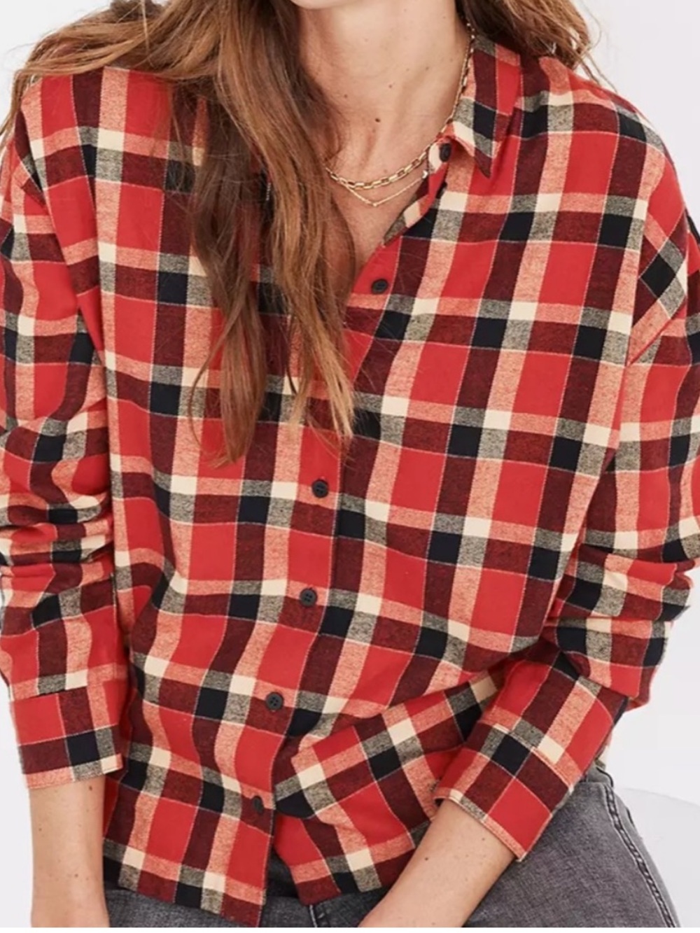 Madewell Red, Tan, & Black Plaid Button-Down Shirt